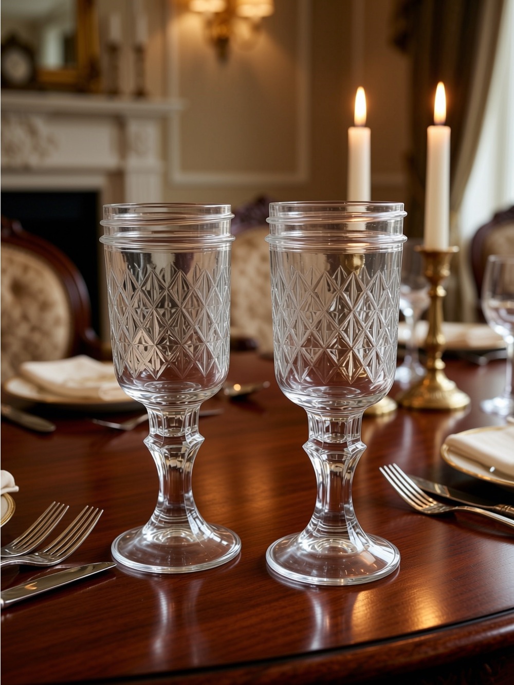 Clear Cut-Glass Goblet Redneck Jelly Jar Style Wine Glass Set of 2 cottage core